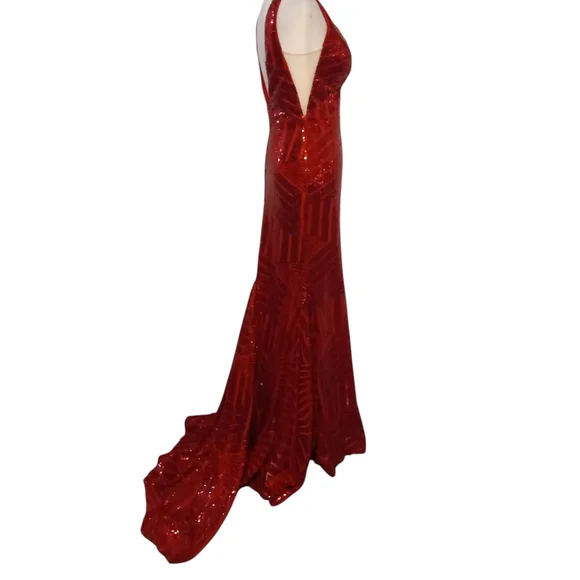 Glamorous Red Sequin Shiny V-Neck Mermaid Maxi Dress - Picture 10 of 13